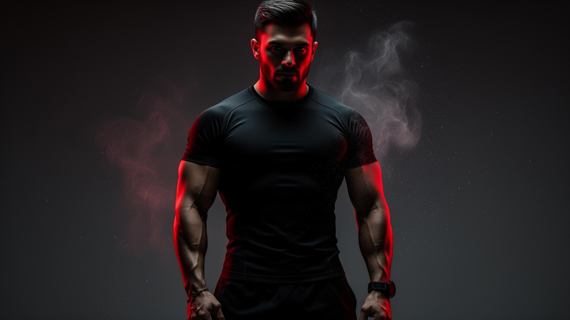 Athlete wearing premium black performance gym wear under dramatic red light